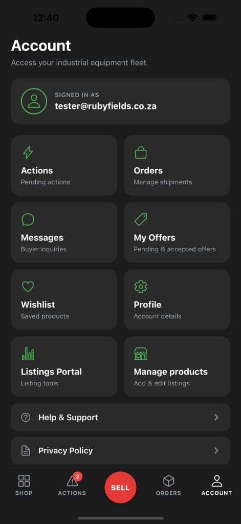 Rubyfields app — Account